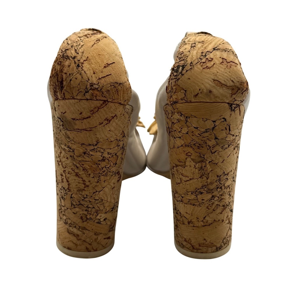 CHANEL Camellia Raffia Cork‎ Platform Heels 37 Beige Peep Toe Resort Boho - Picture 6 of 9